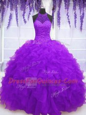 Fancy Purple Organza Lace Up Vestidos de Quinceanera Sleeveless Floor Length Beading and Ruffles