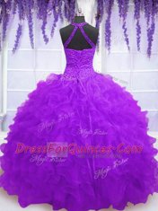 Fancy Purple Organza Lace Up Vestidos de Quinceanera Sleeveless Floor Length Beading and Ruffles