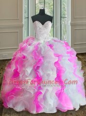 Modern Floor Length Pink And White Quinceanera Gown Organza Sleeveless Beading and Ruffles