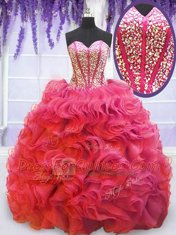 Flirting Coral Red Ball Gown Prom Dress Organza Sleeveless Beading and Ruffles