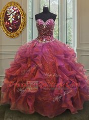 Custom Designed Purple Organza and Sequined Lace Up Sweet 16 Dresses Sleeveless Floor Length Beading and Ruffles