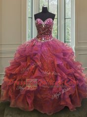Custom Designed Purple Organza and Sequined Lace Up Sweet 16 Dresses Sleeveless Floor Length Beading and Ruffles