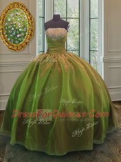 Dramatic Olive Green Organza and Taffeta Lace Up Sweet 16 Quinceanera Dress Sleeveless Floor Length Sequins