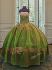 Dramatic Olive Green Organza and Taffeta Lace Up Sweet 16 Quinceanera Dress Sleeveless Floor Length Sequins