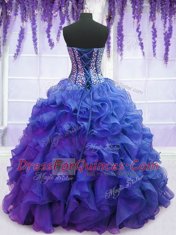 Great Sweetheart Sleeveless Vestidos de Quinceanera Floor Length Beading and Ruffles Royal Blue Organza