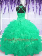 Turquoise Sleeveless Floor Length Beading and Ruffles Lace Up Sweet 16 Dress