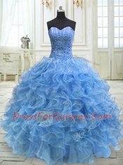 Floor Length Baby Blue Quinceanera Dress Organza Sleeveless Beading and Ruffles