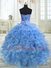 Floor Length Baby Blue Quinceanera Dress Organza Sleeveless Beading and Ruffles