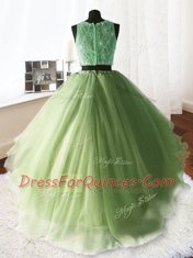 Yellow Green Ball Gowns Scoop Sleeveless Organza and Tulle and Lace With Brush Train Zipper Beading and Lace and Ruffles Quince Ball Gowns