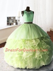 Yellow Green Ball Gowns Scoop Sleeveless Organza and Tulle and Lace With Brush Train Zipper Beading and Lace and Ruffles Quince Ball Gowns