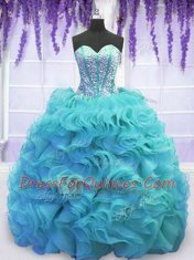 Super Sweetheart Sleeveless Vestidos de Quinceanera Sweep Train Beading and Ruffles Aqua Blue Organza