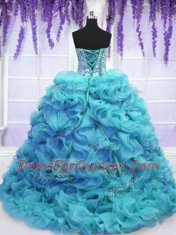 Super Sweetheart Sleeveless Vestidos de Quinceanera Sweep Train Beading and Ruffles Aqua Blue Organza