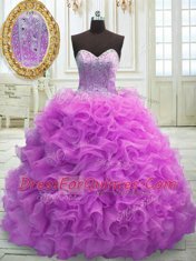 Lilac Sweetheart Lace Up Beading and Ruffles Quinceanera Dress Sweep Train Sleeveless