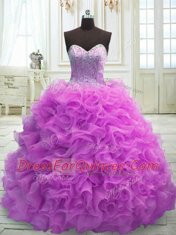 Lilac Sweetheart Lace Up Beading and Ruffles Quinceanera Dress Sweep Train Sleeveless