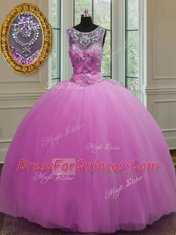 Comfortable Scoop Lilac Sleeveless Tulle Lace Up Quinceanera Gowns for Military Ball and Sweet 16 and Quinceanera