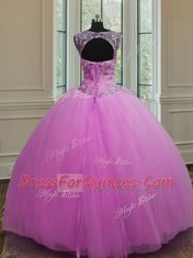 Comfortable Scoop Lilac Sleeveless Tulle Lace Up Quinceanera Gowns for Military Ball and Sweet 16 and Quinceanera