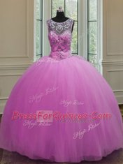 Comfortable Scoop Lilac Sleeveless Tulle Lace Up Quinceanera Gowns for Military Ball and Sweet 16 and Quinceanera