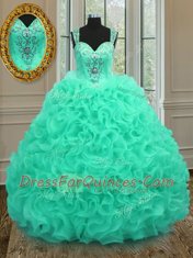 Flare Straps Apple Green Sleeveless Organza Zipper 15th Birthday Dress for Military Ball and Sweet 16 and Quinceanera