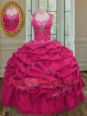 Straps Sleeveless Quinceanera Gown Floor Length Beading and Pick Ups Hot Pink Taffeta