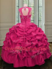 Straps Sleeveless Quinceanera Gown Floor Length Beading and Pick Ups Hot Pink Taffeta