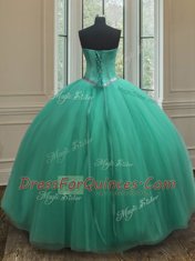 Turquoise Tulle Zipper Ball Gown Prom Dress Sleeveless Floor Length Beading