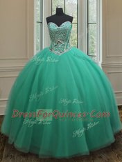 Turquoise Tulle Zipper Ball Gown Prom Dress Sleeveless Floor Length Beading
