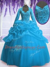 Glorious Baby Blue Long Sleeves Floor Length Sequins and Pick Ups Zipper 15th Birthday Dress