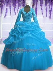 Glorious Baby Blue Long Sleeves Floor Length Sequins and Pick Ups Zipper 15th Birthday Dress