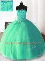 High Quality Turquoise Sleeveless Floor Length Beading and Appliques Lace Up Quinceanera Gowns