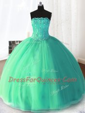 High Quality Turquoise Sleeveless Floor Length Beading and Appliques Lace Up Quinceanera Gowns