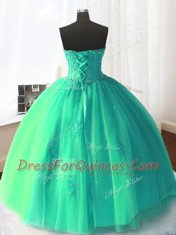 High Quality Turquoise Sleeveless Floor Length Beading and Appliques Lace Up Quinceanera Gowns