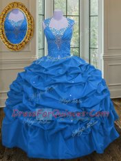 Straps Sleeveless Floor Length Beading and Pick Ups Lace Up Quinceanera Dress with Blue