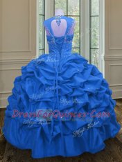 Straps Sleeveless Floor Length Beading and Pick Ups Lace Up Quinceanera Dress with Blue