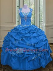 Straps Sleeveless Floor Length Beading and Pick Ups Lace Up Quinceanera Dress with Blue