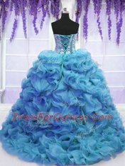 On Sale Organza Sleeveless 15th Birthday Dress Sweep Train and Beading and Ruffles