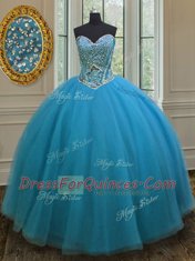 Charming Teal Ball Gowns Sweetheart Sleeveless Tulle Floor Length Lace Up Beading Quinceanera Dresses