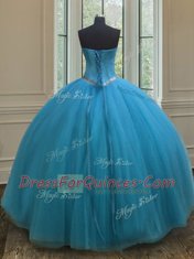 Charming Teal Ball Gowns Sweetheart Sleeveless Tulle Floor Length Lace Up Beading Quinceanera Dresses