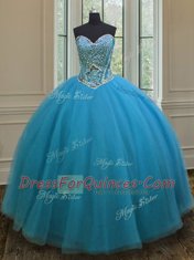 Charming Teal Ball Gowns Sweetheart Sleeveless Tulle Floor Length Lace Up Beading Quinceanera Dresses