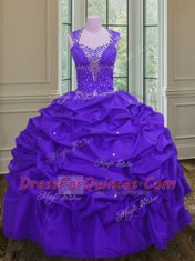 Exceptional Straps Sleeveless Floor Length Beading and Pick Ups Lace Up Ball Gown Prom Dress with Eggplant Purple