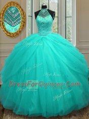 Amazing Halter Top Floor Length Aqua Blue 15 Quinceanera Dress Tulle Sleeveless Beading