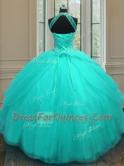 Amazing Halter Top Floor Length Aqua Blue 15 Quinceanera Dress Tulle Sleeveless Beading