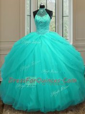 Amazing Halter Top Floor Length Aqua Blue 15 Quinceanera Dress Tulle Sleeveless Beading