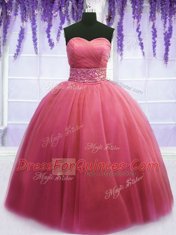 Beading and Belt 15th Birthday Dress Pink Lace Up Sleeveless Floor Length