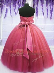 Beading and Belt 15th Birthday Dress Pink Lace Up Sleeveless Floor Length
