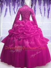 Organza Long Sleeves Floor Length Quinceanera Dress and Sequins and Pick Ups