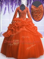 Pretty Sequins Pick Ups Floor Length Orange Red Quinceanera Gown V-neck Long Sleeves Zipper
