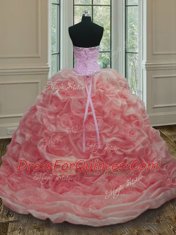 Hot Selling Watermelon Red Ball Gowns Organza Sweetheart Sleeveless Beading Lace Up Quinceanera Gown Sweep Train