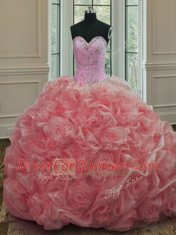 Hot Selling Watermelon Red Ball Gowns Organza Sweetheart Sleeveless Beading Lace Up Quinceanera Gown Sweep Train