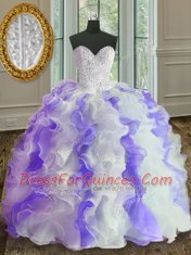 Custom Made White and Purple Organza Lace Up 15 Quinceanera Dress Sleeveless Floor Length Beading and Ruffles