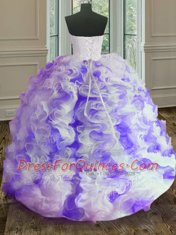 Custom Made White and Purple Organza Lace Up 15 Quinceanera Dress Sleeveless Floor Length Beading and Ruffles